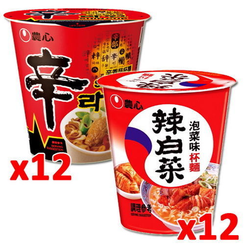 【農心】辛香菇味+泡菜味杯麵(12入/箱)共2箱組   
