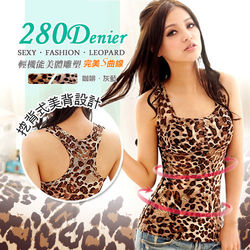 280D心機美人豹紋挖背長版背心塑衣東森旅遊電話(附贈胸墊-咖啡)