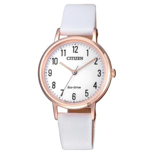 CITIZEN 星辰 光動能小清新女錶-白x玫瑰金框/30mm EM0579-14A