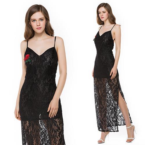 歐風KEITH-WILL XL 純色誘惑蕾絲露背開岔洋裝