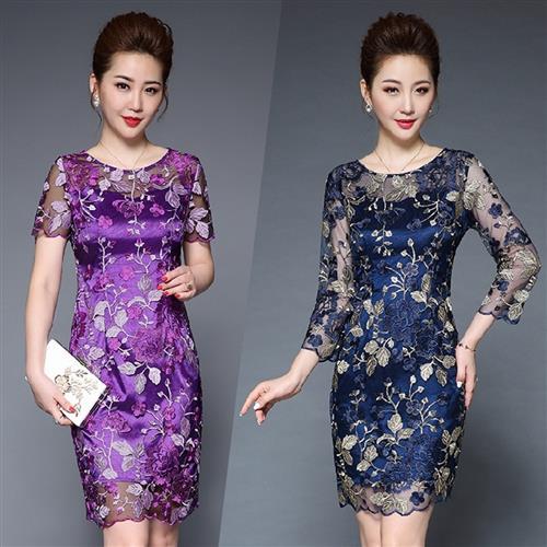 糖潮-圓領網紗刺繡ㄧ步裙洋裝-M-5XL(共二色)