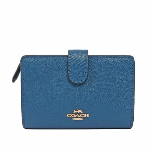 COACH 馬車LOGO皮革釦式中夾(藍色)