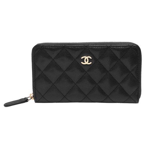 CHANEL 經典菱格壓紋雙C LOGO魚子醬牛皮淡金釦拉鍊中夾(黑色)