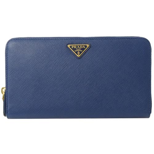 PRADA 1ML188 三角LOGO粒紋護照寬版拉鍊長夾.深藍