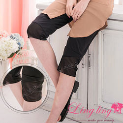 lingling東森購物 頻道中大尺碼 鑽飾網紗牛奶絲內搭七分褲(百搭黑)A2204-01