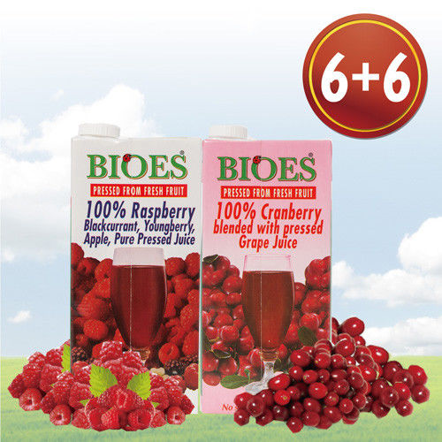 【囍瑞 BIOES】100％雙口味果汁組-覆盆莓+蔓越莓(6+6入)  