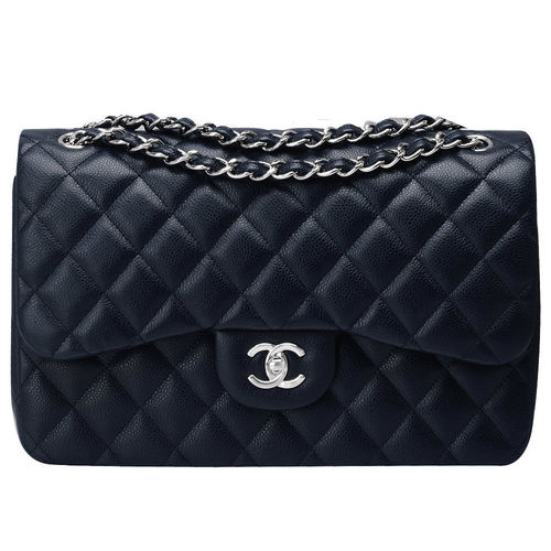 CHANEL JUMBO系列魚子醬小牛皮雙銀鍊COCO包(深藍-30cm)