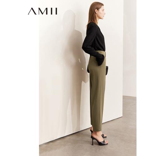 Amii2023新款黑色休閑高腰西裝褲