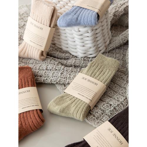羊毛襪子女秋冬季中筒加絨加厚保暖日系純色粗條羊絨堆堆襪C089