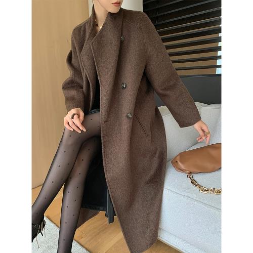 WANGXO咖色設計感寬松羊毛大衣