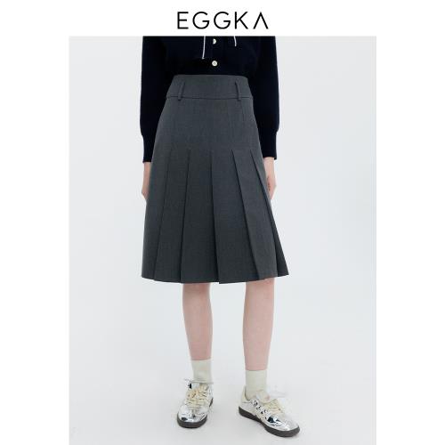EGGKA灰色西裝裙2023年冬季新款通勤休閑風百搭A字版型高腰百褶裙