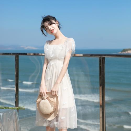 夏天法式A型蕾絲刺繡仙氣紗裙