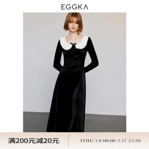 EGGKA絲絨冬季修身黑色連衣長裙