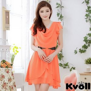 【KVOLL大尺碼】橙色垂領不規則顯瘦雪紡連衣裙JK-0328