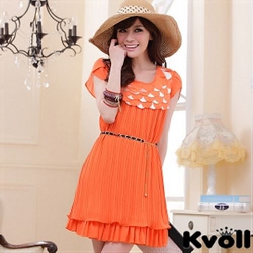 【KVOLL大尺碼】橙色層疊鱗片壓褶雪紡連衣裙JK-0334