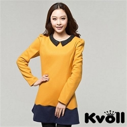 【KVOLL中大尺碼】薑黃色雙色拼接蕾絲毛呢連身洋裝QH-7091