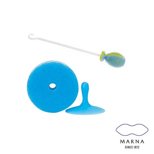【MARNA】廚房附吸盤菜瓜布小魚水瓶刷組（藍）