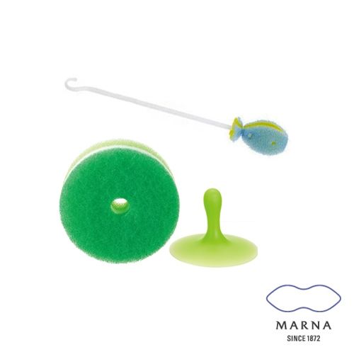 【MARNA】廚房附吸盤菜瓜布小魚水瓶刷組（深綠）
