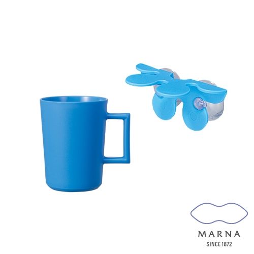 【MARNA】吸盤式漱口杯花朵造型牙刷架組（藍）