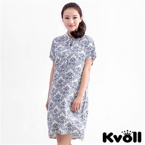 【KVOLL大尺碼】藍色復古小立領印花連衣裙IO－3134