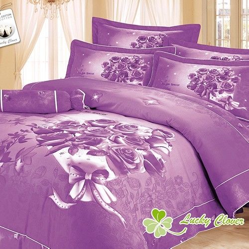 【幸運草】紫玫瑰高級精梳棉加大八件式獨立ABC版床罩組