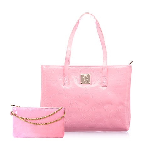 【FELY】甜美愛戀粉印系列購物包+手拿包(粉色)兩件組