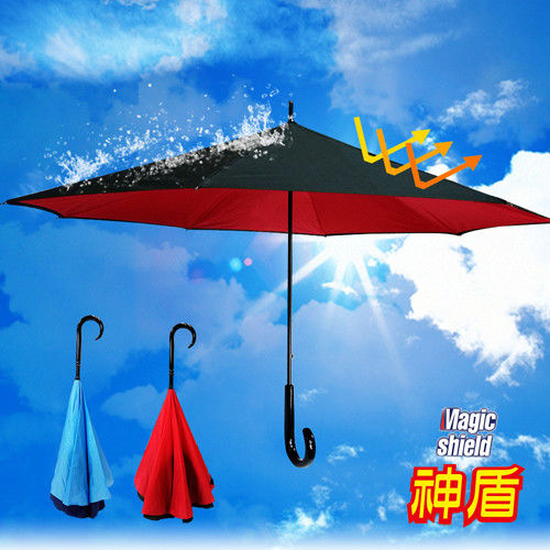神盾-雙層抗UV反向傘/防曬傘/晴雨傘/反摺傘(藍+黑款)