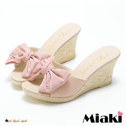 【Miaki】MIT 涼鞋韓妞甜美蝴蝶結露趾楔型涼拖(米色 / 粉色 / 黑色)