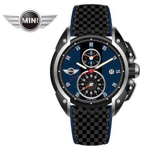 MINI手錶/腕錶 神秘藍黑二眼分數數字三點日期窗石英計時黑色碳纖維藍邊皮帶手錶 45mm MINI-13