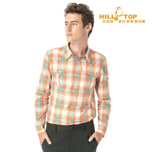 【hilltop山頂鳥】男款吸濕排汗抗UV長袖襯衫S05M59橘綠格