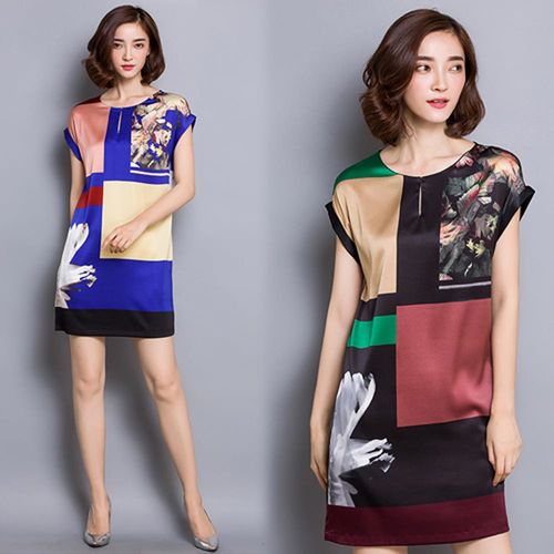  韓國KW 型-氣質玩色拼接印花短袖洋裝兩件組