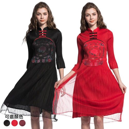 【玩美衣櫃】旗袍領中國風印花中袖壓摺洋裝(共三色)