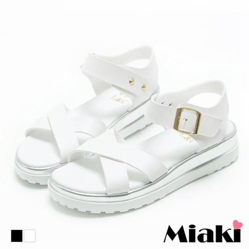 Miaki　MIT 涼鞋歐美簡約交叉釦環露趾厚底涼拖 (白色 - 黑色)