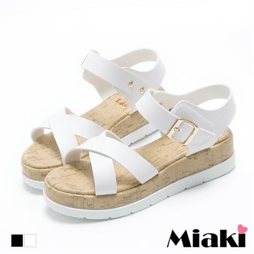 Miaki MIT 涼鞋歐美簡約交叉繫帶厚底露趾涼拖(白色-黑色)