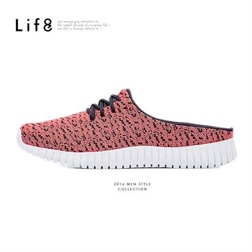 Life8-MIT。輕量。彈力針織布。綁帶式3D彈簧懶人拖鞋-09542-橘紅