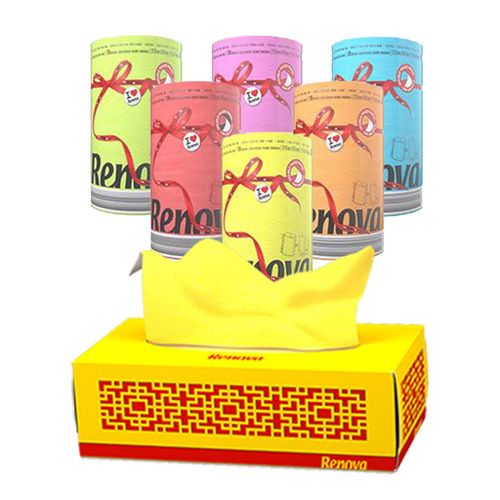 Renova抽取衛生紙精裝單色1盒入 (向日葵黃) / 捲筒衛生紙-6捲入 (馬卡龍綠)