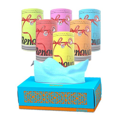 Renova抽取衛生紙精裝單色1盒入 (加勒比海藍) / 捲筒衛生紙-6捲入 (馬卡龍橘)