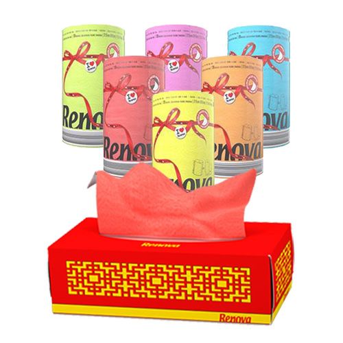Renova抽取衛生紙精裝單色1盒入 (佛郎明哥紅) / 捲筒衛生紙-6捲入 (馬卡龍黃)