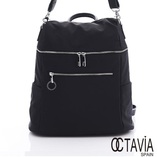 OCTAVIA - Q-BOX 方型雙層拉鍊牛皮尼龍配後背包 - 百變黑