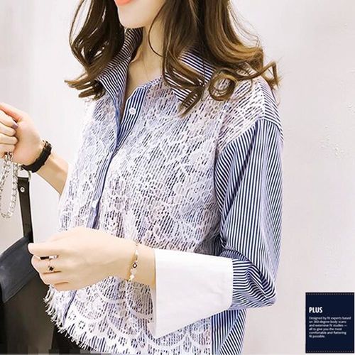 【SCL南加州丹寧時尚】T1702 兩色直條紋寬鬆造型蕾絲長袖襯衫