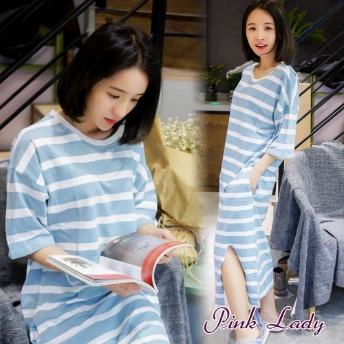 PINK LADY  線條開叉 短袖條紋睡裙3108(水藍)