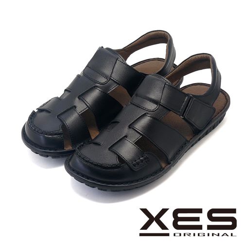 XES 男鞋寬版休閒涼鞋 MIT 真皮全包覆涼鞋 _黑色