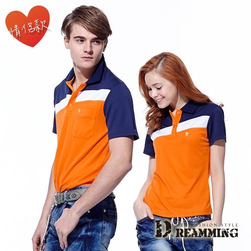 【Dreamming】MIT撞色剪接吸濕排汗短袖POLO衫-藍橘
