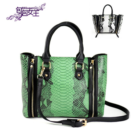 【88Queen❤包包女王】時尚蛇紋雙拉鏈手提包-綠色