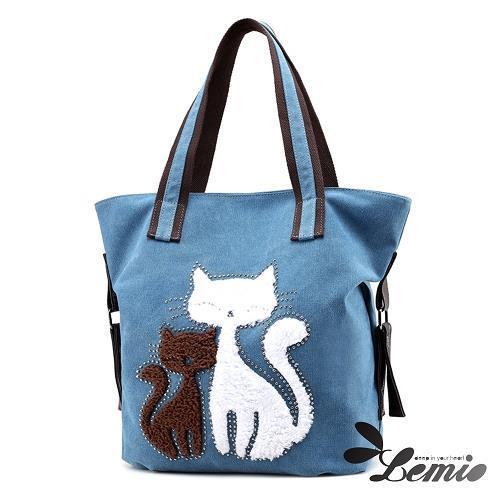 【Lemio】百搭帆布 雙色貓咪 托特隨身包