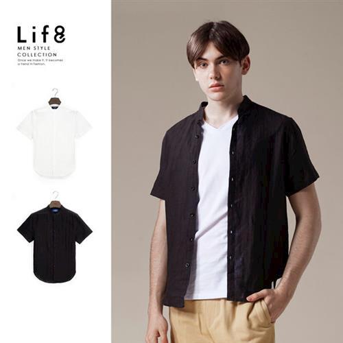 Life8-Casual 基本立領 棉麻短袖襯衫-黑色/白色【03872】