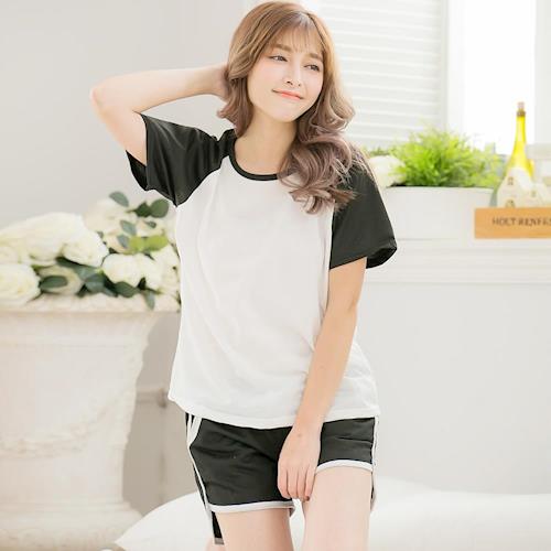 lingling日系 棒球T恤棉質短袖二件式睡衣褲組(極簡黑白)A3297-01