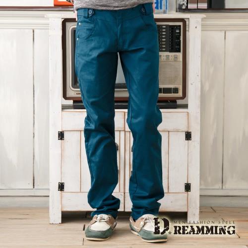【Dreamming】簡約時尚釦飾修身棉質休閒長褲(藍綠)