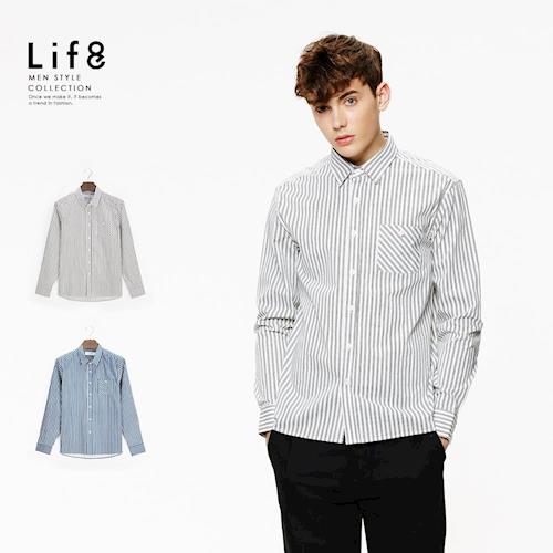 Life8-Casual 基本條紋 長袖襯衫-03884-白色/藍色