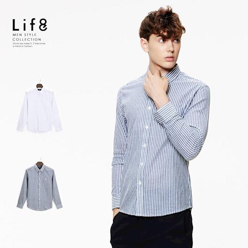 Life8-Casual 洞點織條 長袖襯衫-03889白色/藍色